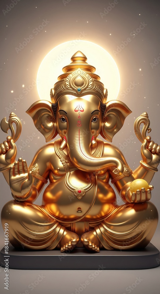 Fototapeta premium Ganesha Idol Portrait. Golden Halo Glow Spiritual 4K Wallpaper.