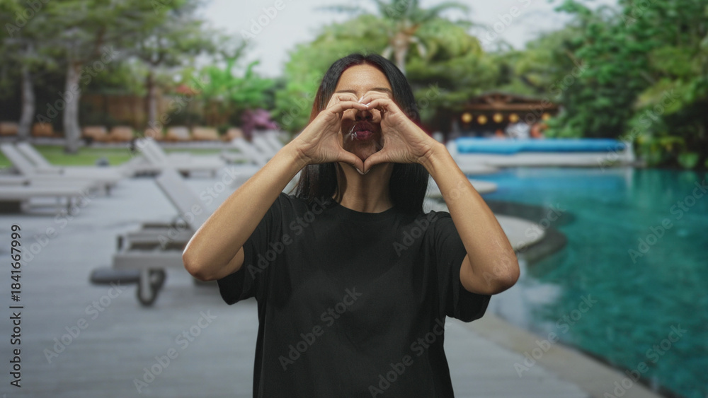 Fototapeta premium Young hispanic woman making a heart with hands by a resort pool on a wooden deck at building, palms and open mouth visible; love joy warmth.