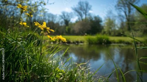 Close-up of yellow wildflowers by a pond in spring sunlight