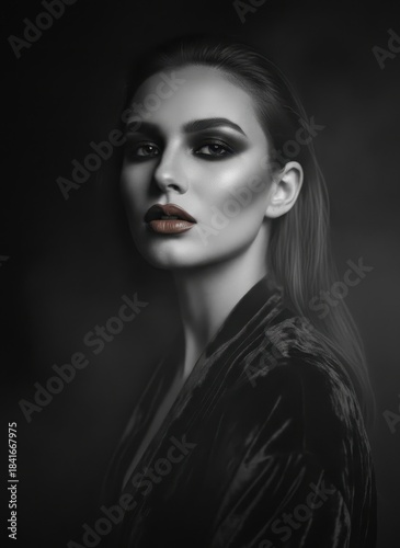 stunning black and white portrait of a woman with dramatic makeup and soft lighting, showcasing beauty and elegance - AI Generated Digital Art