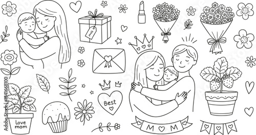 Mother’s Day celebration illustration—line art of hugs, gifts, and floral icons for love and appreciation visuals 