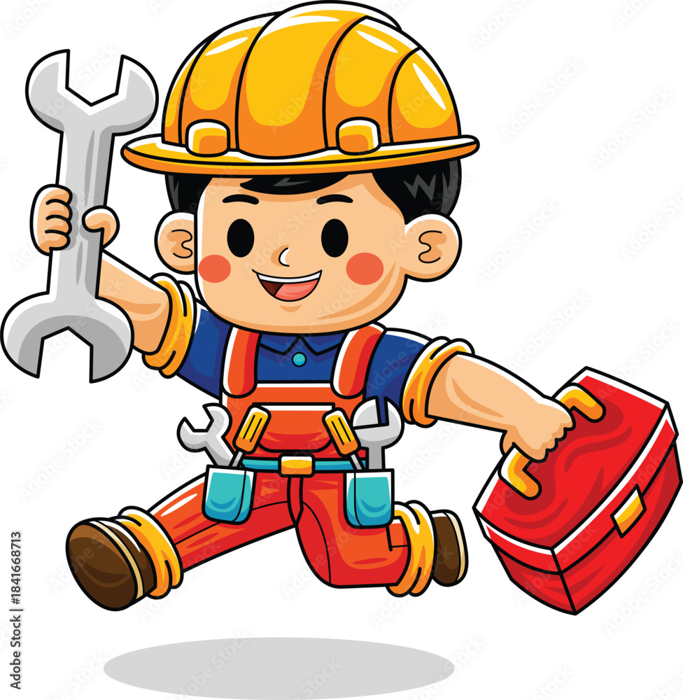 Fototapeta premium Man Cartoon Mechanic Worker with Paint Roller