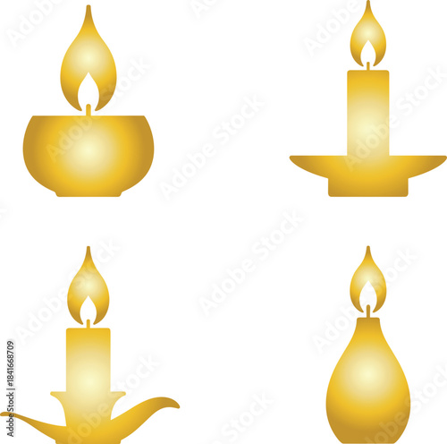 Set of four simple golden candle candle, light, flame, fire, decoration illustrations on a white background