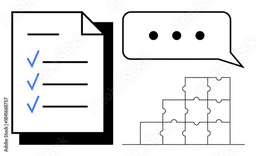 Task management concept. Checklist, chat bubble, and puzzle pieces highlight communication and problem-solving. Task management aids organization, planning, and collaboration. For productivity