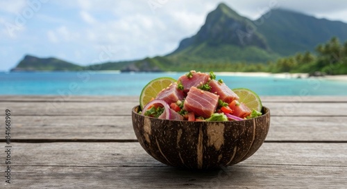 Fresh tuna poke in a coconut bowl on a wood table, ocean vista backdrop