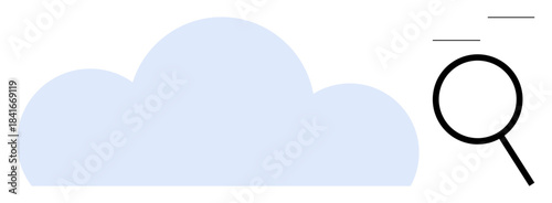 Large light blue cloud with a black magnifying glass symbolizing online data search. Ideal for cloud computing, research, data analysis, technology, innovation, internet, efficiency. Simple flat