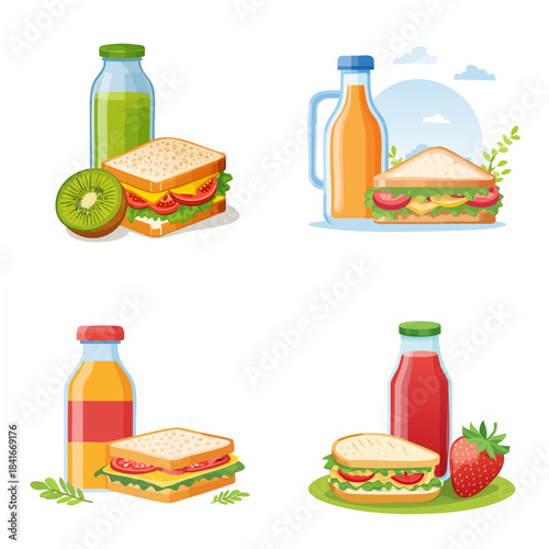 Download healthy food arrangement vector  illustration featuring sandwiches juice and fruits for lunch vector composition