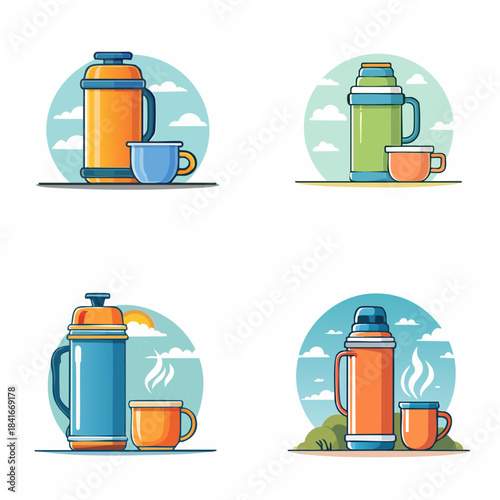 Download vector illustrated thermos flasks with cups set in different colors against a sky and landscape background for outdoor activities