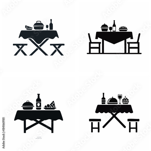 Download Set of isolated black picnic table silhouette vector icons with food elements suitable for various design projects