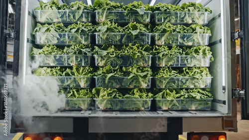 Fresh Lettuce in Boxes Inside Refrigerated Truck With Vapor Cloud