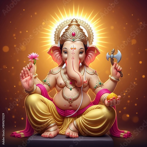 Ganesha Idol spiritual background. Orange Aura Decorative Glow 4K Wallpaper.