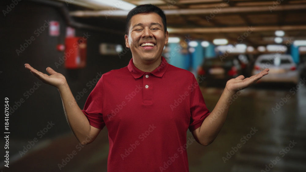 Fototapeta premium Man in red polo smiling and shrugging with palms up in parking building near cars and concrete columns; playful curiosity.