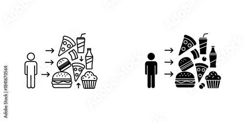 Person facing unhealthy fast food diet icons, weight gain concept, line and solid style