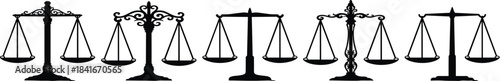 Justice scales, legal icons, black silhouettes, fairness symbol, law balance, equality, courtroom emblem, vector illustration, legal concept, judgment, rightsJustice scales, legal icons