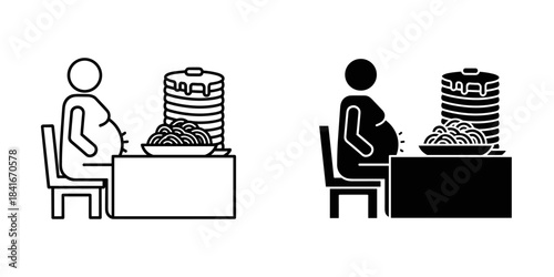 Pregnant woman eating large meal of pancakes and pasta icon