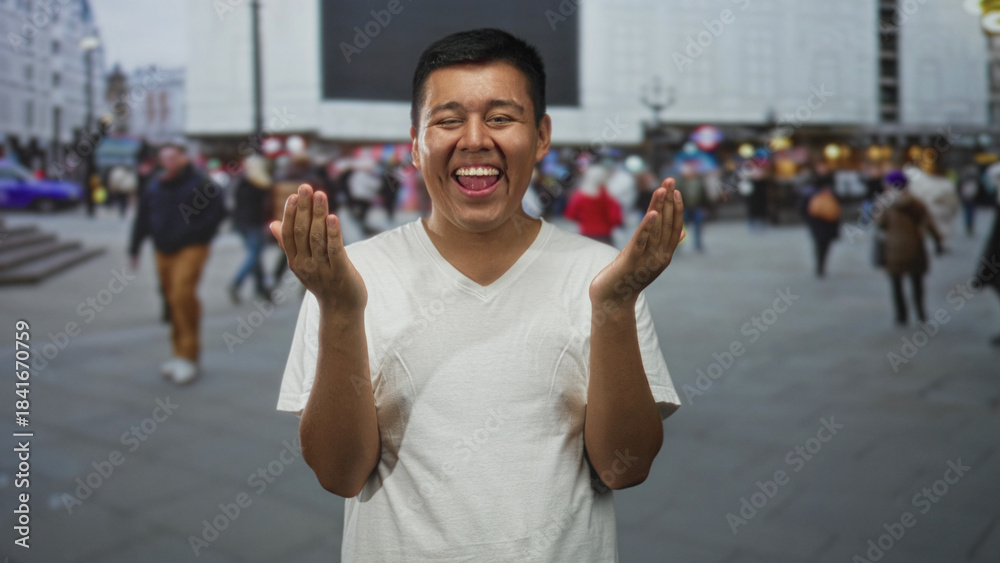 Naklejka premium Man wearing white t shirt covering face with hands and smiling with closed eyes on a crowded street by a large building; amusement privacy.