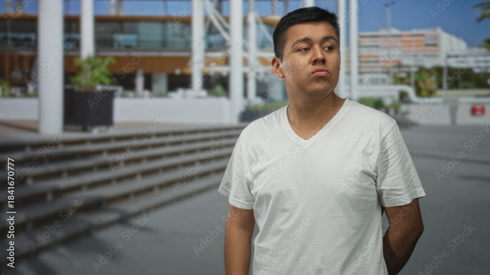 Fototapeta premium Young hispanic man in white t shirt standing with hands behind back by building steps and columns, looking to side; quiet contemplation.