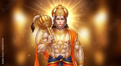Divine Hanuman Idol. Warm Radiance Light Particles 4K Wallpaper.