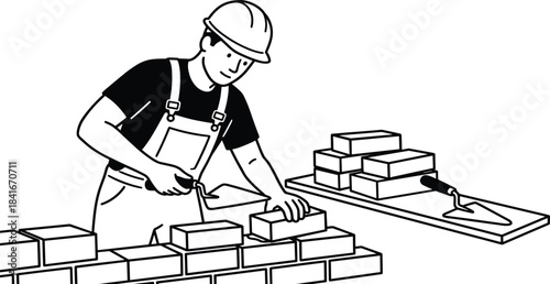 Bricklaying, construction worker, masonry, black silhouette, building wall, trowel, cement, hard hat, manual labor, vector illustration