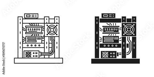 Cryptocurrency mining rig hardware setup icon vector illustration