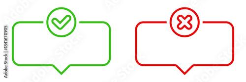 Green Check And Red Cross Speech Bubble Line Icons. Approval And Rejection Decision-Making Outline Symbols. Communication And Feedback Indicators. Isolated Vector Illustration
