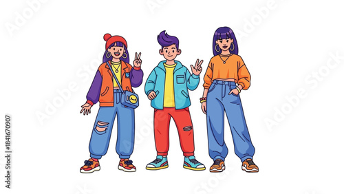 Three young friends in trendy streetwear posing with peace signs