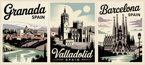 A minimalist Art Deco travel poster triptych featuring Granada, Valladolid, and Barcelona with stylized landmarks, bold typography, and a retro color palette