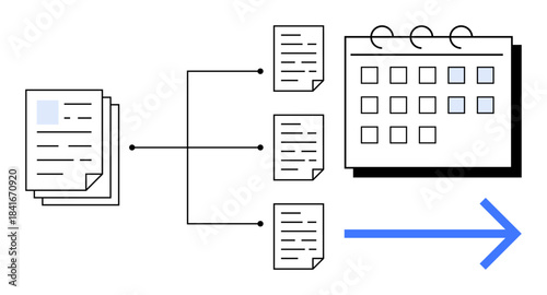 Stack of papers branching into individual documents connected to a calendar and blue arrow. Ideal for project management, scheduling, document processing, work automation, organization, planning