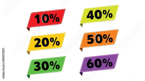 Colorful discount labels displaying various percentage offers ranging from ten to sixty percent off