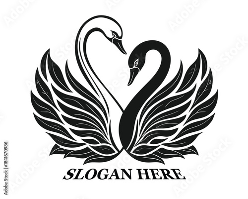 A stylized black and white logo featuring two swans forming a heart shape with their necks, surrounded by feathered wings. Includes a slogan placeholder