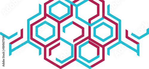 Abstract Geometric Pattern of Interconnected Hexagons in Teal and Magenta