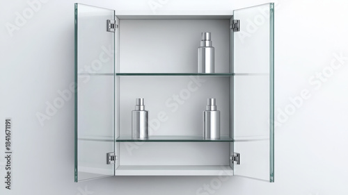 Minimalist empty medicine cabinet with glass shelves and three silver bottles, clean and modern