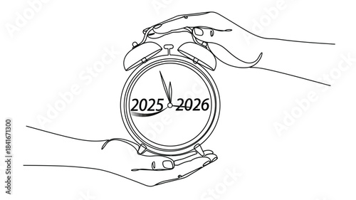 A minimalist line drawing depicts hands presenting a circular clock with the year 2025 and 2026