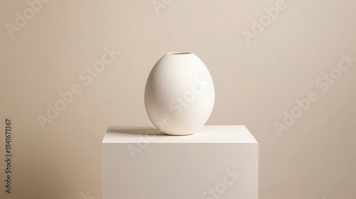 Minimalist white ceramic vase on pedestal, modern decor, soft lighting, calm and elegant mood