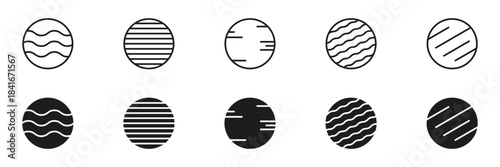 Planet Surface Textures and Line Patterns Icon Set. Astronomy Spheres With Stripes Waves Cosmic Design and Celestial Symbol Collection. Isolated Vector Illustration