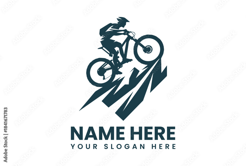 Obraz premium A dark blue vector illustration logo of a mountain biker in mid-air with a customizable name and slogan on a white background.