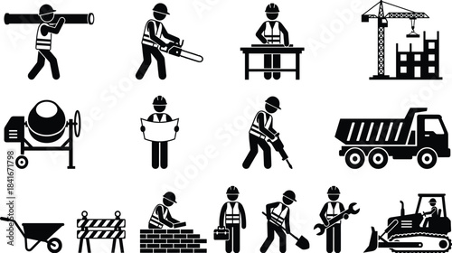 Vector Silhouettes of Essential Construction Tools and Safety Equipment, including Hammer, Drill, Saw, Wheelbarrow, Safety Hat, and Circular Saw Icons.Vector Silhouettes 