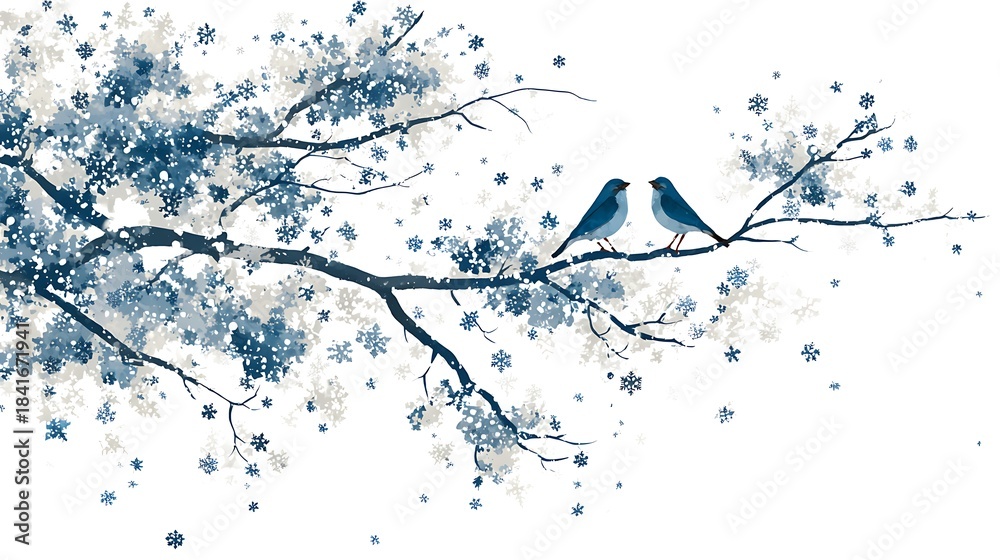 Fototapeta premium Winter tree branch with snowflakes isolated on the white background 
