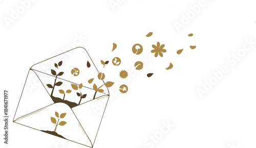 Eco-friendly message of growth and renewal symbolized by a sprouting envelope and nature icons, conveying environmental consciousness