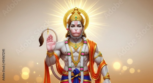 Hanuman Idol Portrait. Golden Aura Glow Spiritual 4K Wallpaper.