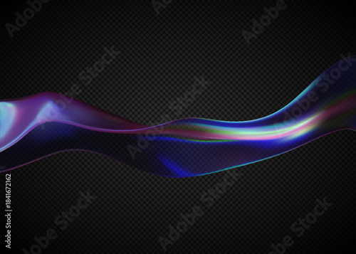 Glass liquid 3D iridescent shape. Elegant wallpaper with transparent glass ribbon. Dispersed Iridescent glass.