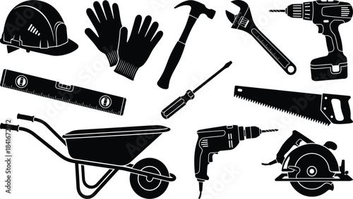 Construction tools, handyman equipment, safety gear, black silhouettes, carpentry icons, DIY essentials, repair tools, industrial symbols, vector illustration, toolkit elementsConstruction tools