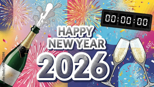 Happy New Year 2026 – Modern Halftone Celebration Collage with Champagne and Countdown