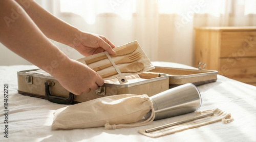 Zero waste travel kit containing bamboo cutlery and steel bottle, being packed into a vintage suitcase on a bright bed, natural sustainable lifestyle.