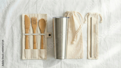 Zero waste travel kit featuring bamboo cutlery, a reusable stainless steel tumbler, and metal straws, captured with a minimal eco friendly aesthetic