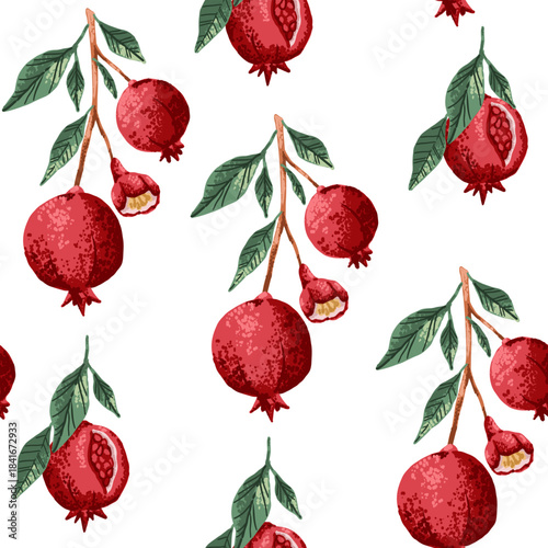 Seamless pattern with pomegranate exotic fruit branch with flower and leaves