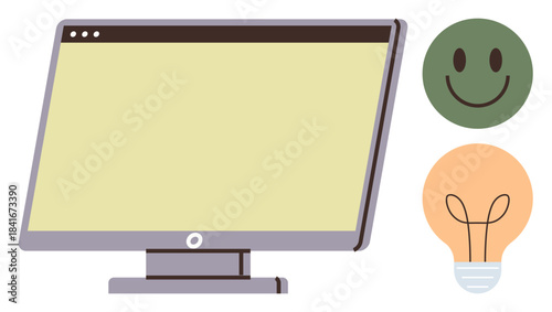 Computer screen, green smile face, yellow light bulb. Ideal for happiness, creativity, technology, innovation, positivity productivity motivation. A simple flat metaphor