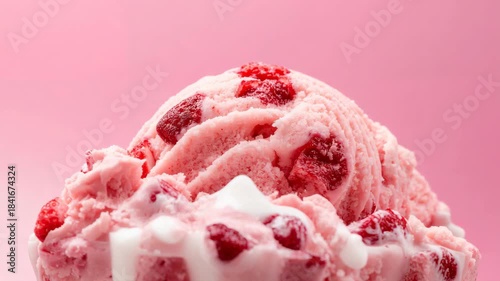 Close-up of strawberry ice cream scoop with cream drizzle on pink background