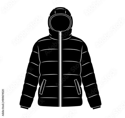 Defined by stark white contours on a solid black silhouette, this vector illustration depicts a hooded puffer jacket with classic horizontal quilting and angled welt pockets