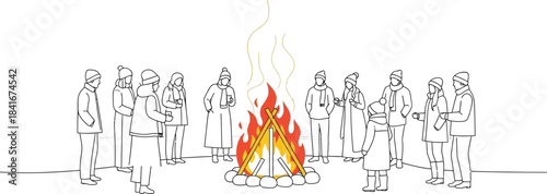 Group of bundled people standing around a bright bonfire outdoors during a snowy winter festival event